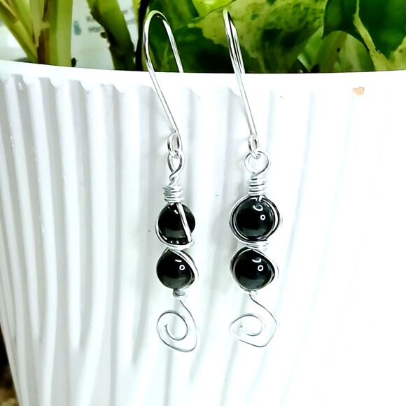 Black Obsidian Crystal Beaded Dangle Earrings, Gemstone Jewelry 2" - Picture 1 of 4